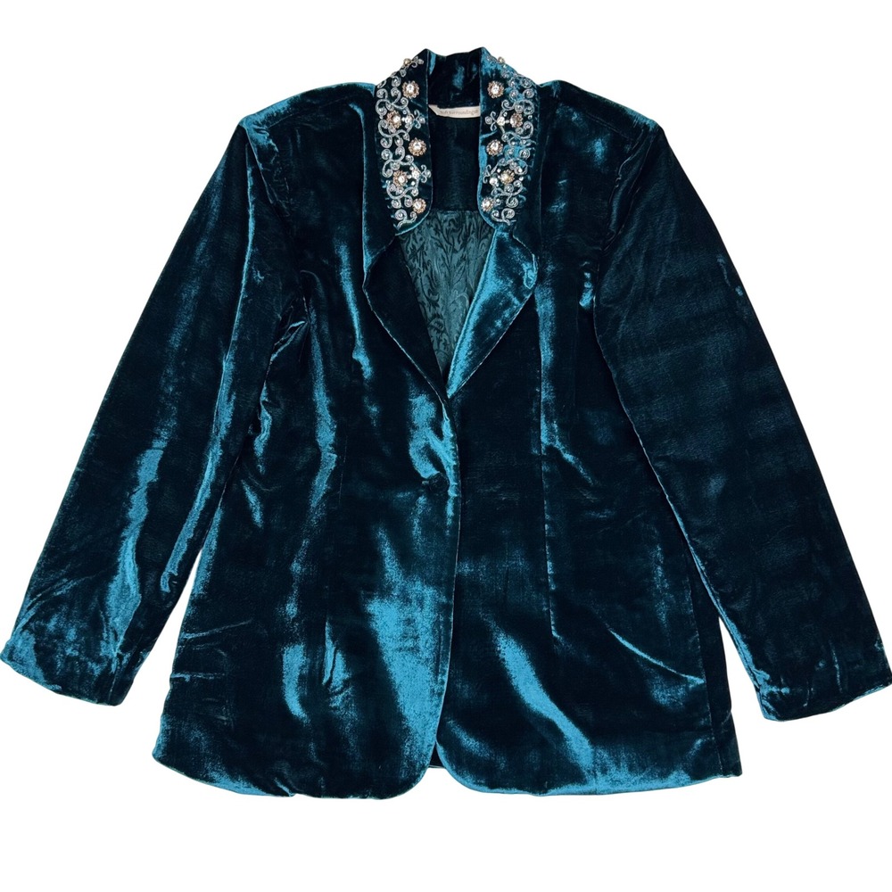 Soft Surroundings Velvet Blazer Beaded Collar Womens Size L Teal Luxe Elegant